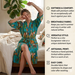 Robe kimono en coton tissé à la main pour femme, imprimé floral, col en V, longue, avec ceinture, peignoir, vêtements de détente, vêtements de nuit avec poches - Product Image 4