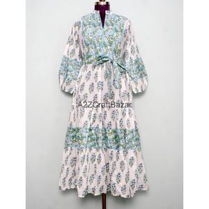 Robe artisanale respirante décontractée vintage à porter au quotidien, coupe ample, imprimé floral, col en V, manches évasées, manches longues, taille naturelle - Product Image 3