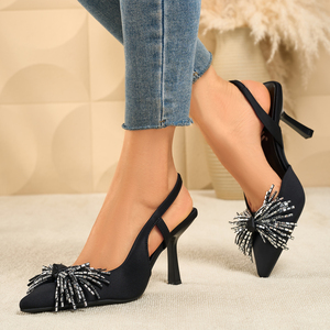 Rhinestone Firework Slingback Stilettos - Black Satin High Heel <b>Sandals</b> for Women - Product Image 1