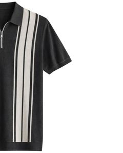 Polo de punto de manga corta para hombre, negro, con cremallera de un cuarto y rayas blancas verticales, informal, personalizado, de verano, del fabricante. - Product Image 3