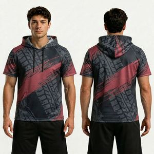 Grey Crimson Racing Lines Hooded <b>T</b> <b>Shirt</b> Breathable <b>Polyester</b> Sublimation Moisture Wicking Athletic Half Sleeve <b>Shirts</b> - Product Image 1