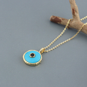 Luxury jewelry blue turquoise gemstone round pendant necklace 18k gold plated designer texture collet frame pendant necklace - Product Image 3