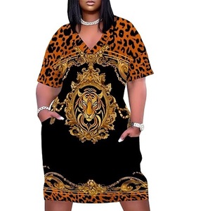 V-Neck Leopard Print Mini <b>Dress</b> <b>With</b> Tiger Embroidery Loose Fit <b>Dresses</b> Dashiki <b>Dress</b> <b>With</b> <b>Pockets</b> Digital Printing Woven Fabric - Product Image 1