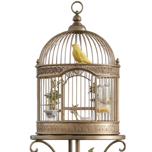 Cage à oiseaux ronde en bambou antique, à suspendre, motif floral, pour usage intérieur, petite taille, cadre peint - Product Image 4