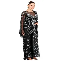 Robe de soirée noire de luxe, robe de bal à manches longues ornée de perles style Art Déco, robe longue vintage des années 20 Gatsby pour femmes