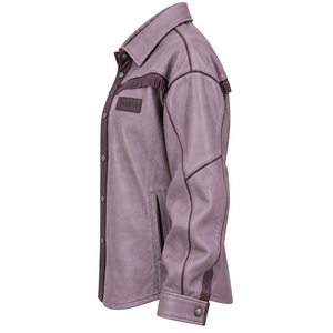 Chaqueta Overshirt de Cuero Genuino Suave Color Lavanda Polvoriento de Corte Holgado con Pecho de Flecos y Cierre a Presión para Mujer, Servicio ODM Personalizado, Proveedor - Product Image 4