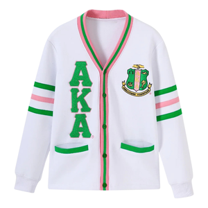 Cardigan en polaire blanc AKA, coupe unisexe, blanc, vert, rose, boutons sur le devant, pull décontracté de style universitaire de qualité supérieure - Product Image 1