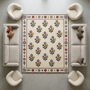 Tapis rectangulaire en laine et coton tufté à motif floral botanique ivoire, à poils moyens, avec envers antidérapant en latex, adapté aux animaux domestiques - Product Image 3