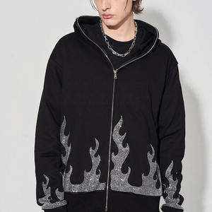 Custom French Terry Hoodie <b>Black</b> <b>Plain</b> Rhinestones <b>Men</b> Thick Full Zip up <b>Sweatshirts</b> - Product Image 1