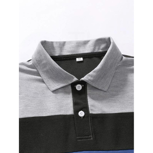 Polo pour homme à blocs de couleur, manches courtes, tricoté, respirant, décontracté, bleu, noir, gris - Product Image 6