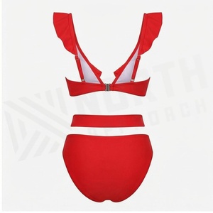 <b>Red</b> Ruffled Bikini Set With Hollow Out High Waist Bottoms Women's Swimwear Two Piece Solid Color Stretch <b>Swim</b> <b>Suit</b> - Product Image 2