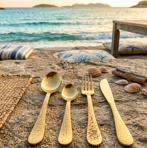 Gold Stainless Steel Flatware <b>Set</b> Hammered Handle Mirror Polished Cutlery <b>Dinnerware</b> <b>for</b> Wedding Restaurant Tabletop Rental - Product Image 6