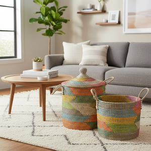 Handmade Colorful Coiled Seagrass <b>Basket</b> <b>with</b> <b>Lid</b> for Laundry Storage Closet Decor Eco-Friendly Organizer Bin - Product Image 2