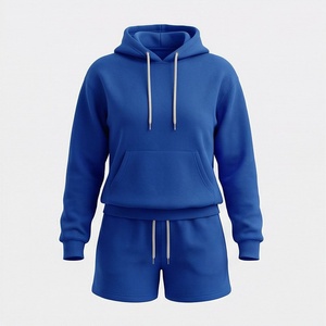 Conjunto de Sudadera con Capucha y Pantalones Cortos de 2 Piezas para Mujer, Color Azul, Corte Holgado Informal, Felpa de Color Sólido, Largo por Encima de la Rodilla, para Primavera/Verano - Product Image 1