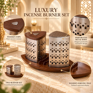 Juego de quemadores de incienso Heritage Bakhoor de acero inoxidable y madera |   Mabkhara de Oud Árabe, Decoración de Mesa con Fragancia Islámica de Lujo para el Hogar - Product Image 5