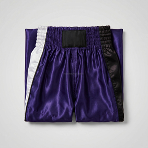 Custom Purple <b>Men</b> Muay Thai Shorts Tri Color Panel Kickboxing <b>Trunks</b> Wholesale Custom Logo Satin MMA Fighting Shorts - Product Image 6