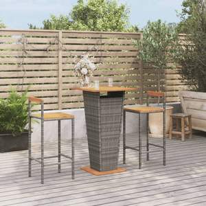 Ensemble de bar de jardin en bois d'acacia massif avec rotin PE gris et acier thermolaqué, mobilier de bar durable et élégant - Product Image 1