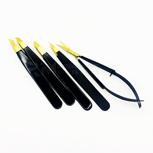 RMI Stainless Steel Gold Plasma Tip And Black Shin Powder Coated Color 4 Different Point Eyebrow Tweezer And Spring Scissor Set - Product Image 4