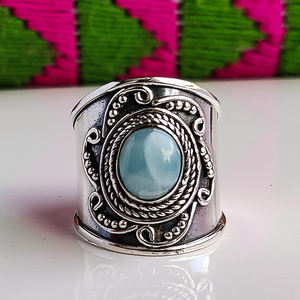 <b>925</b> Sterling <b>Silver</b> Classic Boho <b>Ring</b> Handmade Larimar Statement Women's Jewelry with Bezel Setting for Wedding & Anniversary - Product Image 2