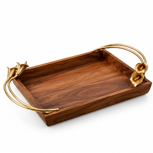 Bandeja Redonda de Madera de Lujo con Borde Metálico Dorado, Bandeja Decorativa Hecha a Mano con Asas para Decoración de Mesa de Centro - Product Image 6