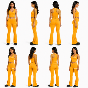 Conjunto de Yoga Naranja para Mujer: Top Corto Racerback con Cuello en V y Pantalones Acampanados de Cintura Alta, Ropa Deportiva Elástica Personalizada para Gimnasio y Fitness al por Mayor - Product Image 3