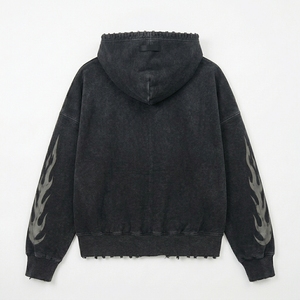 Sudadera con capucha negra lavada para hombre con cremallera, gráfico, estilo urbano oversize, dobladillo desgastado, fabricante de ropa personalizada - Product Image 2