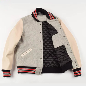 Chaqueta Varsity de Lana Gris para Hombre, Mangas de Cuero, Botones a Presión, Diseño Color Block, Chaqueta Estilo Béisbol - Product Image 3