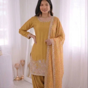 Women's French Crep <b>Silk</b> Graduation Embroidery Sequence Work Modern Style Quick Dry Regular Fit <b>Kurta</b> Set - Product Image 1