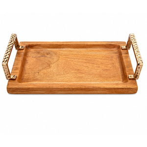 Plateau de service vintage en bois de manguier massif avec poignées en métal doré martelé, idéal pour le petit-déjeuner, les ottomanes décoratifs et les fournitures de restaurant - Product Image 1