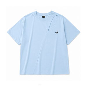 Camiseta de punto azul claro para mujer con aberturas, manga corta, corte holgado minimalista, top de algodón transpirable para primavera/verano - Product Image 3