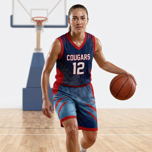 Conjunto de Camiseta de Baloncesto Cougars Sublimada, sin Mangas, Cuello en V, Malla Transpirable, Ajuste para Adultos, Rojo Marino 12 - Product Image 4