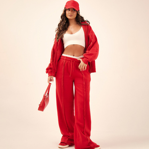 Ensemble de survêtement rouge très demandé, à capuche, couleur unie, manches longues, coupe ample avec poches latérales, fermeture, tenue décontractée pour femme - Product Image 1
