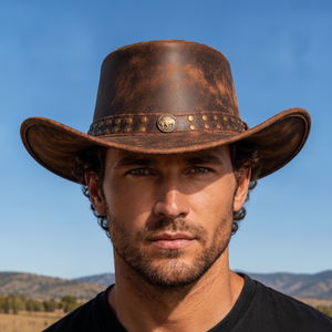 Sombrero de Vaquero de Cuero Marrón Vintage, Ala Ancha, Estilo Occidental, para Hombre, Casual, para Exteriores, Primavera/Otoño, 58-60CM - Product Image 1