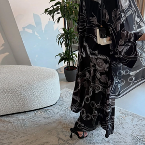 Abaya con Estampado Floral, Elegante Abaya de Dos Piezas, Capa Musulmana Modesta, Cárdigan Abaya, Kaftán Étnico Abierto por Delante, Estilo Dubái - Product Image 4