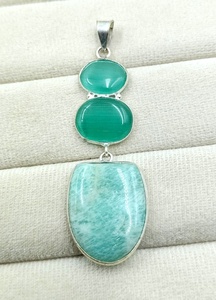 Pendentif artisanal en argent sterling 925 avec amazonite naturelle et œil de chat vert, bijoux bohèmes en pierres précieuses - Product Image 6