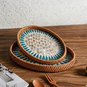 Latest Rattan Wicker Tray with Mother of Pearl Inlay Wooden Base and Insert Handle for Fruit Serving, Coffee Table Trays - Product Image 1