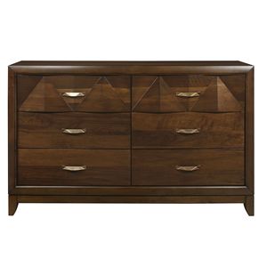 Tocador de dormitorio moderno con acabado de nogal de 1 pieza con 6 manijas de tono de latón satinado, muebles de madera frontales decorativos en ángulo - Product Image 1