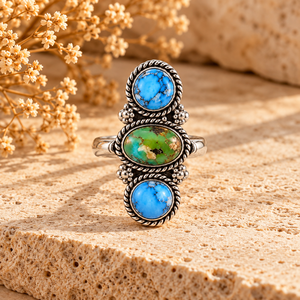 Blue Turquoise Green Turquoise 3 Stone <b>Ring</b> Round Oval Round Gemstone Jewelry Western <b>Boho</b> Handmade Statement <b>Ring</b> - Product Image 1