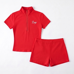 Ensemble sportif 2 pièces pour femme, haut zippé à manches courtes et short au-dessus du genou, séchage rapide, polyester tricoté, coupe classique, printemps-été - Product Image 4