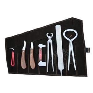 Kit d'outils professionnels pour ferrage de chevaux : Coupe-ongles à sabots, Couteau à sabots à grande boucle, Râpe, Lime, Polisseur, Clincher, Ramasseur de sabots, dans un étui noir - Product Image 1