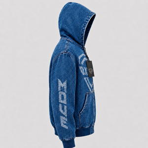 Sudadera con capucha de mezclilla prémium para hombre, estilo urbano, con lavado ácido, estampado gráfico, cremallera y diseño vintage. - Product Image 1