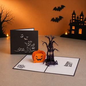 Carte de vœux 3D pop-up de luxe personnalisée, thème arbre hanté d'Halloween, faite à la main, en papier, citrouille d'Halloween, fabricant OEM/ODM - Product Image 1