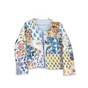 Chaqueta corta acolchada con estampado de bloques a mano de algodón, Top corto para mujer y niña, ropa de oficina, Chaqueta de algodón de retazos - Product Image 2