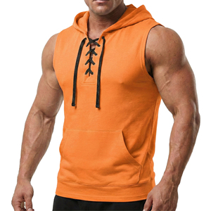 Débardeur à capuche sans manches pour homme, personnalisé OEM, avec laçage frontal, en coton premium, pour l'entraînement, avec poche kangourou - Product Image 2