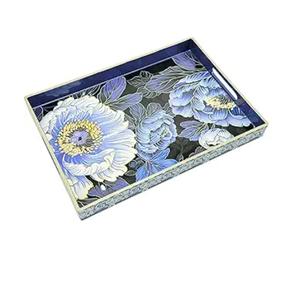 ถาดเสิร์ฟชาและกาแฟทรงสี่เหลี่ยมผืนผ้าลายดอกไม้สีฟ้าและชมพู ทำจากไม้เนื้อแข็ง พร้อมหูจับ ถาดกาแฟสวยงามสำหรับรับประทานอาหาร - Product Image 6