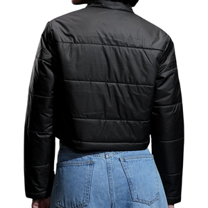 Chaqueta Acolchada para Mujer, Cuello Alto, Cierre de Cremallera, Largo Corto, Manga Larga, Abrigo de Invierno, Color Negro Sólido, Relleno de Poliéster - Product Image 3