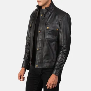 Chaqueta de Cuero para Hombre Darren Black, Estilo Motero, con Cierre de Cremallera, Hecha de Cuero Vacuno 100% Auténtico, para Otoño - Product Image 2