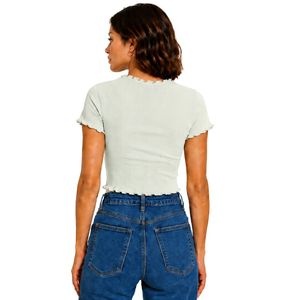 Mint Green Ribbed <b>Crop</b> <b>Top</b> Women Short Sleeve Lettuce Trim Crew Neck Cotton Spandex Slim Fit Casual Summer T Shirt Custom OEM - Product Image 2