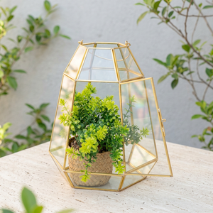 Wholesale Multipurpose Geometric Shape Glass <b>Hurricane</b> with Brass Frame for Plants and Candles - Product Image 1