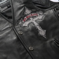 Veste de club MC en cuir de vache véritable avec lacets latéraux, patch brodé tête de mort et croix au dos, veste de motard